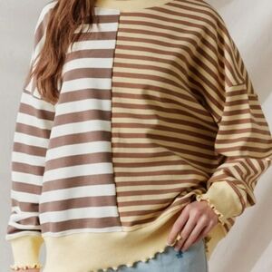 PEACH LOVE Mixed/Contrast Stripes Sweatshirt, EUC, S(Overszd), Yellow/Brown💛🤎